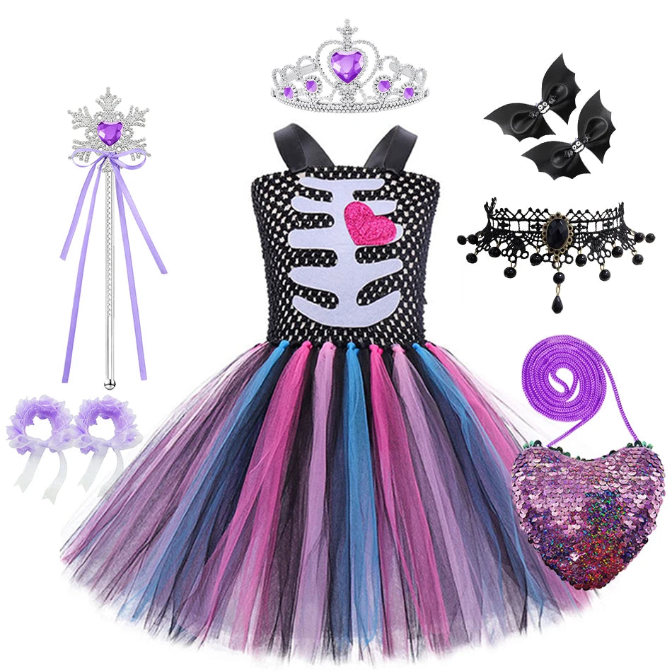 Halloween Kinder Kleid Cosplay Herz druck Skelett Kostüme Mädchen Blumen Schädel Tutu Kleidung Kinder Karneval Leistung Outfits
