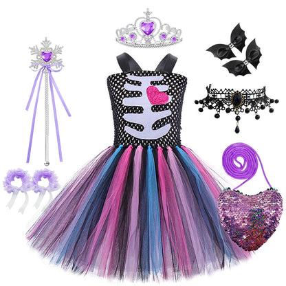 Halloween Kinder Kleid Cosplay Herz druck Skelett Kostüme Mädchen Blumen Schädel Tutu Kleidung Kinder Karneval Leistung Outfits