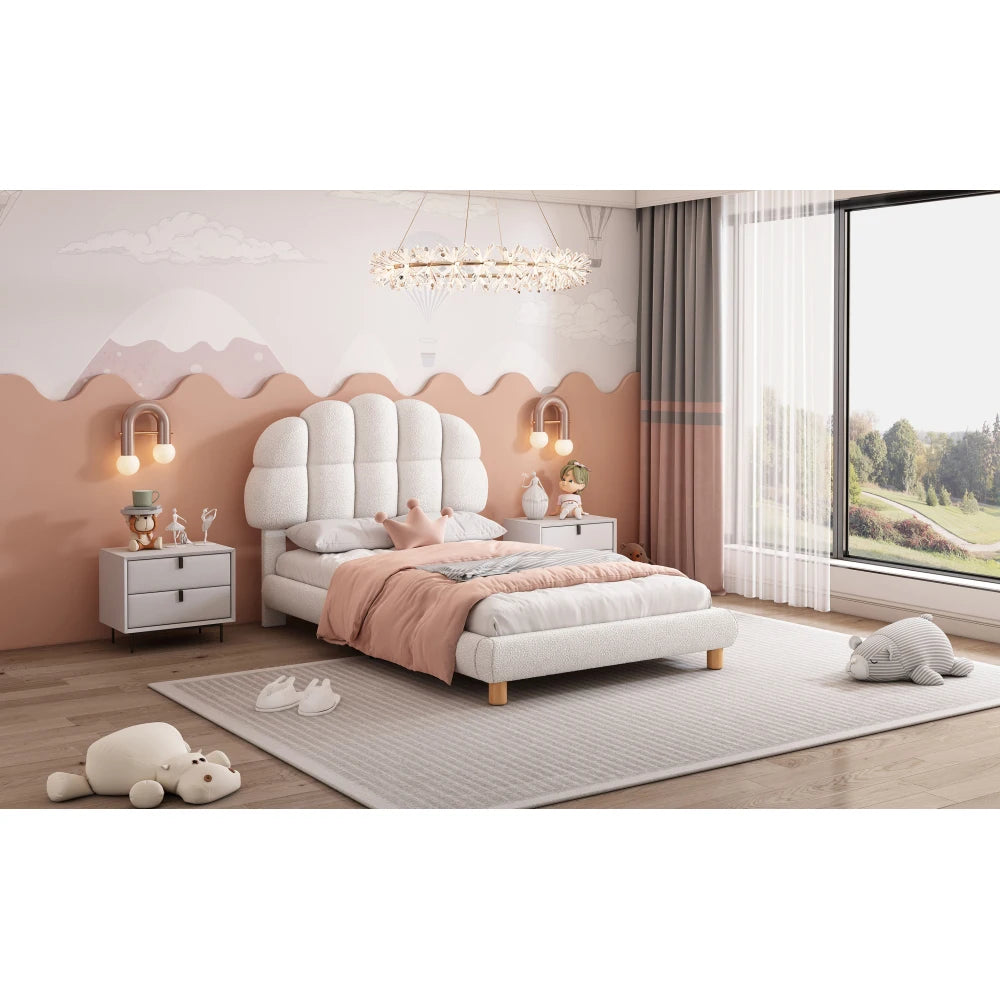 Modernes 90x200cm Einzelbett, Kinderbett, Jugendbett, Polsterbett, Holzgittergrill, Fleeceimitation, Weiß und Rosa