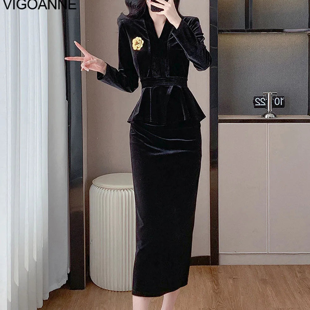 VigoAnne 2025 Solid V Neck Velvet 2 Piece Set Woman Long Sleeve High Waist Skirt Suits Lady Spring Autumn Korean Long Dress Suit.