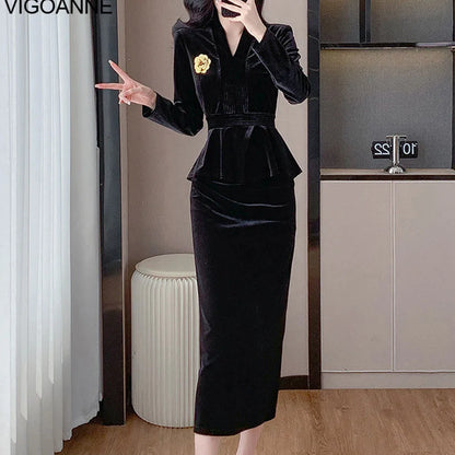 VigoAnne 2025 Solid V Neck Velvet 2 Piece Set Woman Long Sleeve High Waist Skirt Suits Lady Spring Autumn Korean Long Dress Suit.