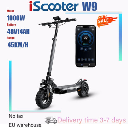 ISCOTER W9 Electric scooter 1000W engine 48V14AH battery foldable E-type scooter 10-inch pneumatic tire adult electric scooter