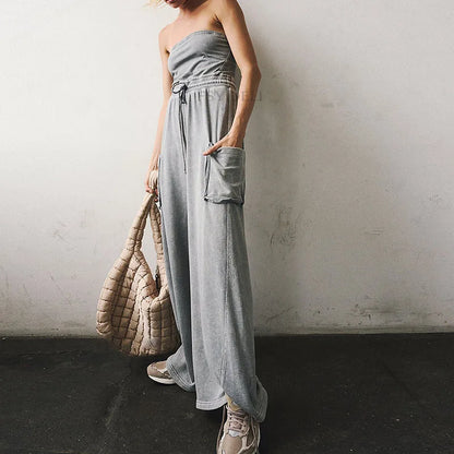 Stylish New Backless Sleeveless Commute Playsuits Women Tube Top Wide Leg Drawstring Rompers Elegant Solid Color Pocket Jumpsuit.