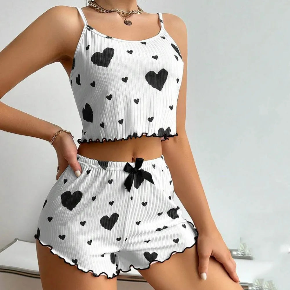 Zweiteiliges Set Sommer dünner Pyjama Homewear Set Polyester Freizeitanzug einfarbig Sling Shorts Damen.