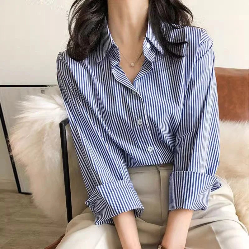 Classic Striped Woman Spring Autumn Blouses Shirt Lady Long Lantern Sleeve Stand Collar Loose Blusas Tops.