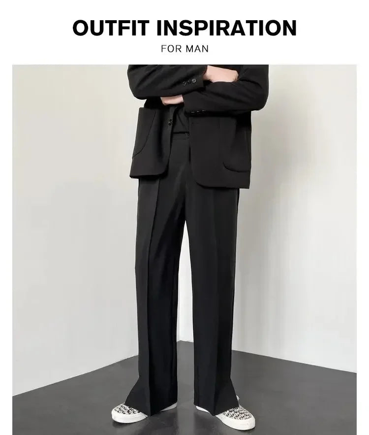 Men's Straight Baggy Casual Pants Korean Slit Personality Suit Trousers Fashion Formal Business Male Streetwear Gray Khaki Black.