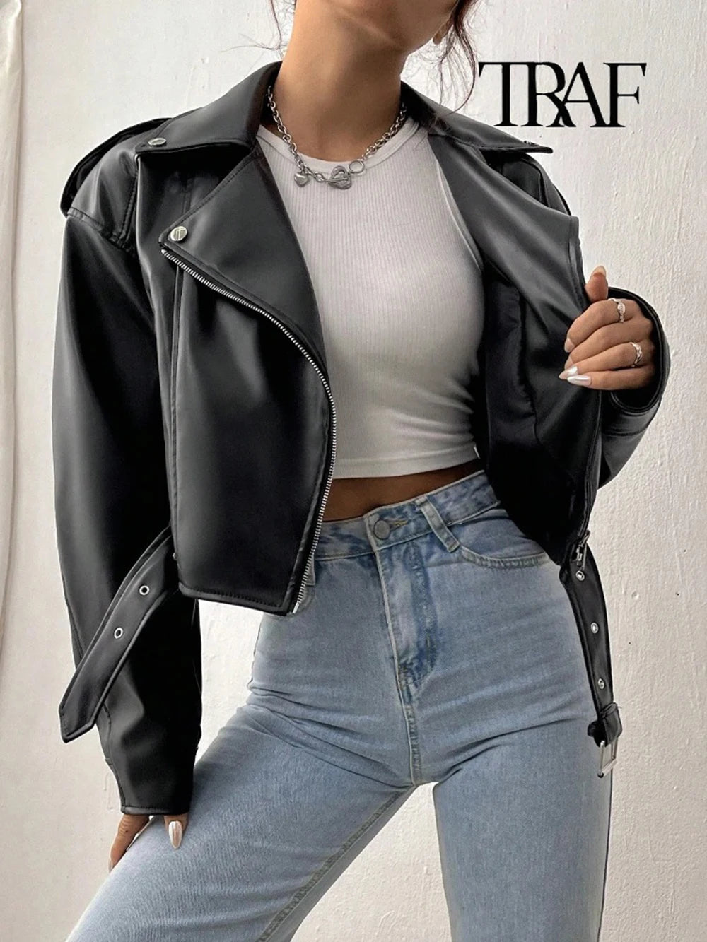 TRAF Damen Vintage lose Lederjacke Gürtel Schulter Abzeichen Zip Revers Jacke Handsome Washed Leder Motorrad Kleidung