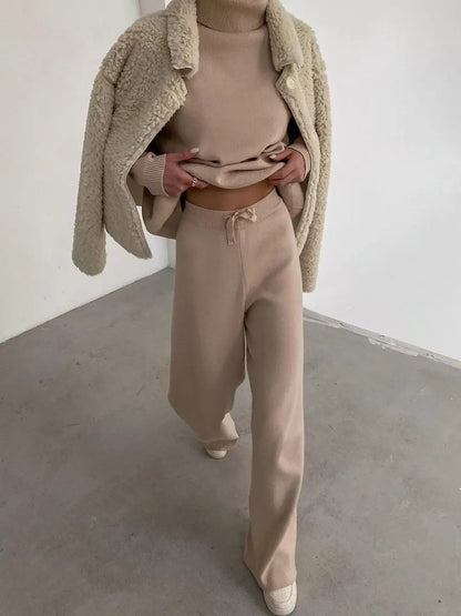 Women Tracksuit Two Pieces Set Long Sleeve Turtleneck Pullover Solid Color Hoodies Wide Leg Pants Drawstring Autumn Casual 2023.