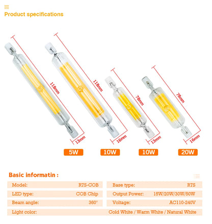 R7S LED 78mm 15W 20W R7S Spotlight 118mm 30W 50W AC 110V 220V 230V J78 J118 COB Lamp Bulb Glass Tube Replace Halogen Lamp Light.