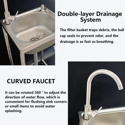 Freistehendes Edelstahl-Waschbecken, Außenspüle, Einzelschüssel, tragbares Outdoor-Camping-Waschbecken mit Abfluss und Warm- und Kaltwasserhahn