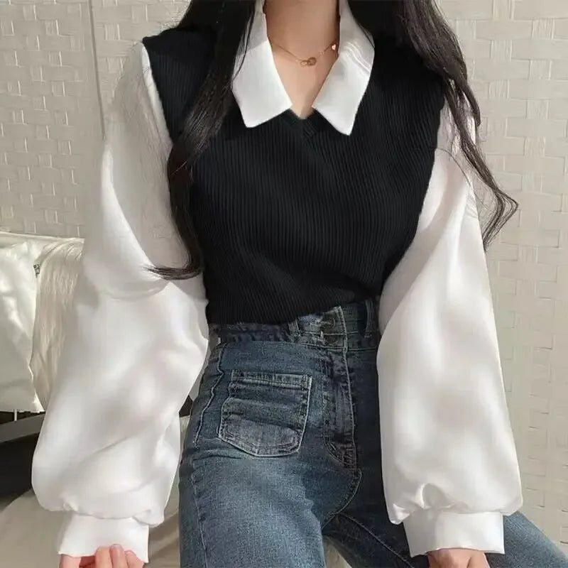 Summer Blouse Women Korean Style False Two-piece Polo Collar Blouses Y2k Tops Streetwear Loose Youth Pullovers Elegant Shirt.