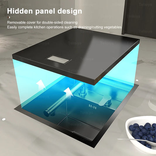 Versteckte Küchenspüle aus Edelstahl, Unterbau, Mini-Einzelschlitz, klein, multifunktional, für Wohnmobile, Café, Bar, Waschbecken mit Deckel, Gartenbalkon