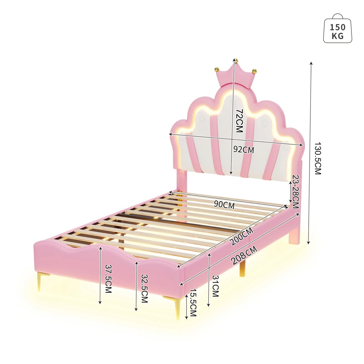 Rosahqnda Kinderbett Mädchen Einzelbett Doppelbett Kinderbett Prinzessin Kronenform Bett Verstellbares Kopfteil