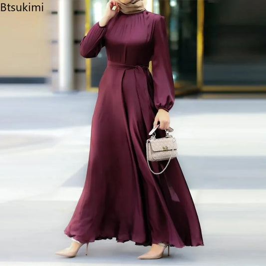 Elegantes Maxikleid für Frauen, solide Laternenärmel, Party-Abendkleid, modische Schnürung, lange Röcke, muslimische Abayas, Dubai, Robe Femme.