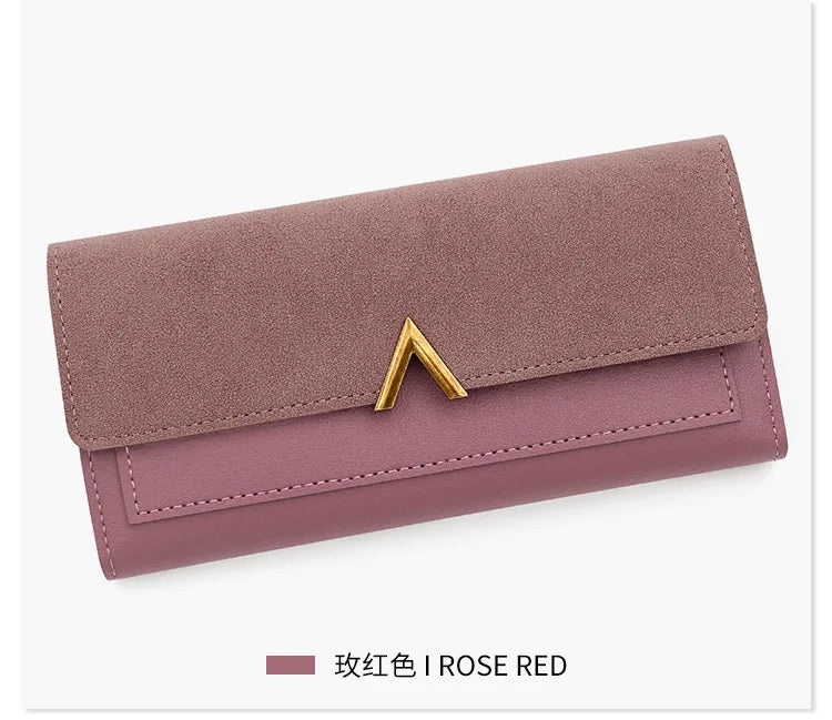 New Korean version women's wallet long V-shaped buckle three fold wallet for women, hand-held bag, change card bag.