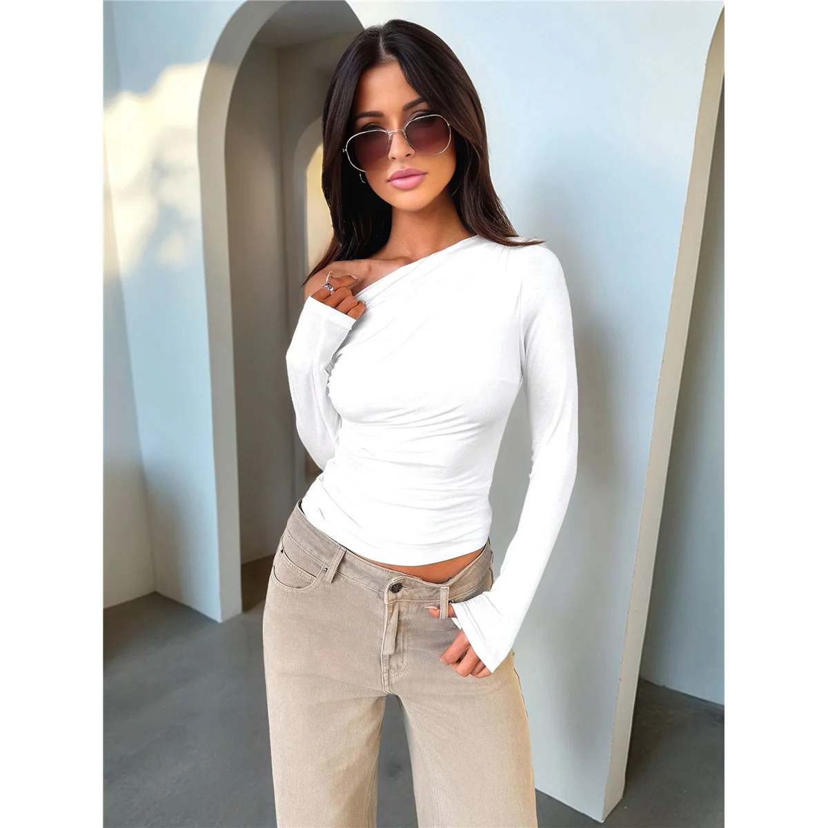 Women's Off Shoulder Tops Dressy Long Sleeve Asymmetrical Slim Fit Going Out Fall Blouse Ruched Shirts.