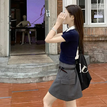 Slim Fit Short Sleeve Polo Neck T-Shirt Women's Sweet And Spicy Design Sensation Small Audience AE Stockpile Brand.