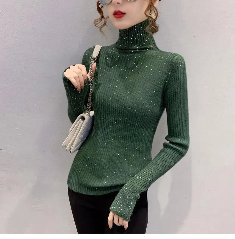 Women Clothing Fashion Elegant Turtleneck Pullover Autumn Winter Solid Slim Long Sleeve Sweater Office Lady Casual Dignified Top.
