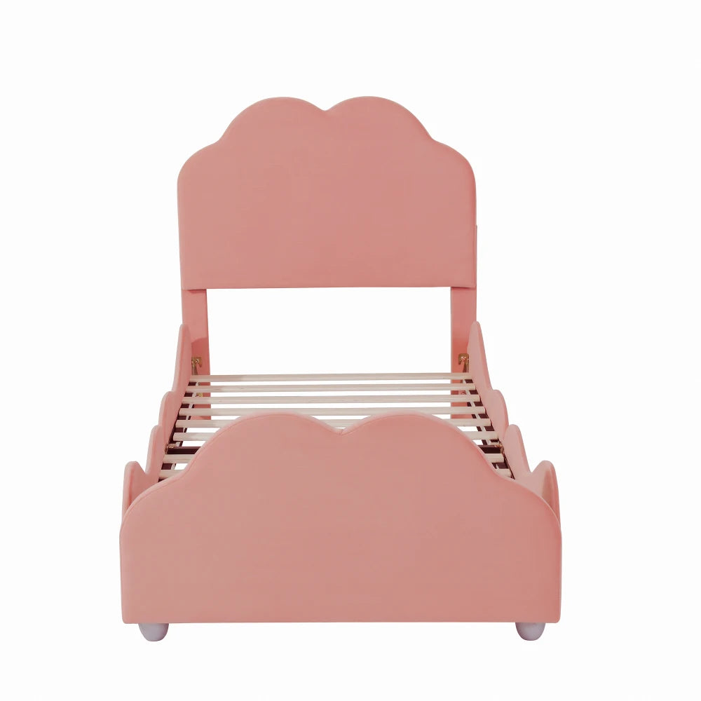 Kinderbett 90 x 200 cm hohes Geländer, Kinderbettgestell mit wolkenförmigem Kopf und Fußteil, Bett aus hautfreundlichem Samt