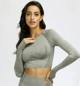 Noennamenull Women's Long Sleeve Yoga Set Seamless Knit Fitness Clothing Quick Dry Export Quality Cross Body Top