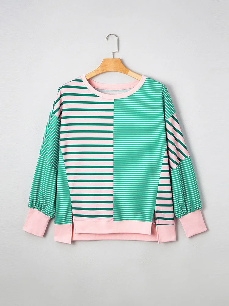 GIBSIE Plus Größe Gestreiften Oansatz Langarm Schlitz Sweatshirt Frauen 2025, Herbst Mode Lose Passenden Casual Pullover Jumper Top.