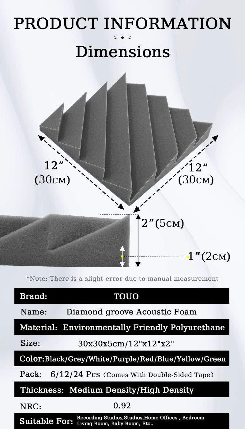 TOUO Diamond Groove Acoustic Foam 6/12/24 Pcs Wall Soundproofing Drum Room Acoustic Treatment High-Density Soundproof Material