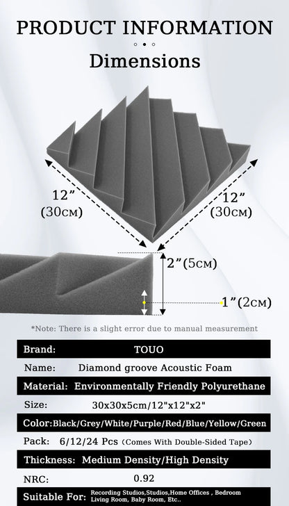 TOUO Diamond Groove Acoustic Foam 6/12/24 Pcs Wall Soundproofing Drum Room Acoustic Treatment High-Density Soundproof Material