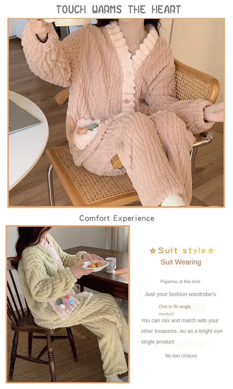 Verdickte Warme Flanell Frauen Nachtwäsche Loungewear Strickjacke Anzug Winter Süße Kawaii Weiche Fee Wind Damen Pyjamas Homewear.