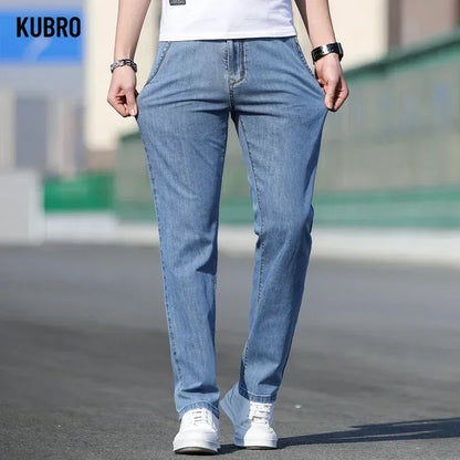 KUBRO 2024 Summer New Men's Loose Stretch Gray Jeans Fashion Casual Stretch Straight-leg Denim Pants Male Light Blue Brand.