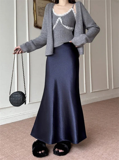High Waist Women's Fleece-Lined Thickened Elegant Long Skirt Satin Mermaid Skirt Elegant Drapey Bodycon Skirt For Autumn Winter.