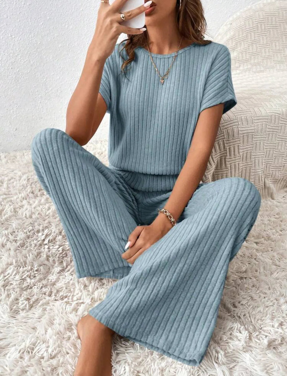 Two Piece Pant Sets Women Straight Pants Tops Pullover Short Sleeve Round Neck Spliced Top Solid Casual Streetwear Summer