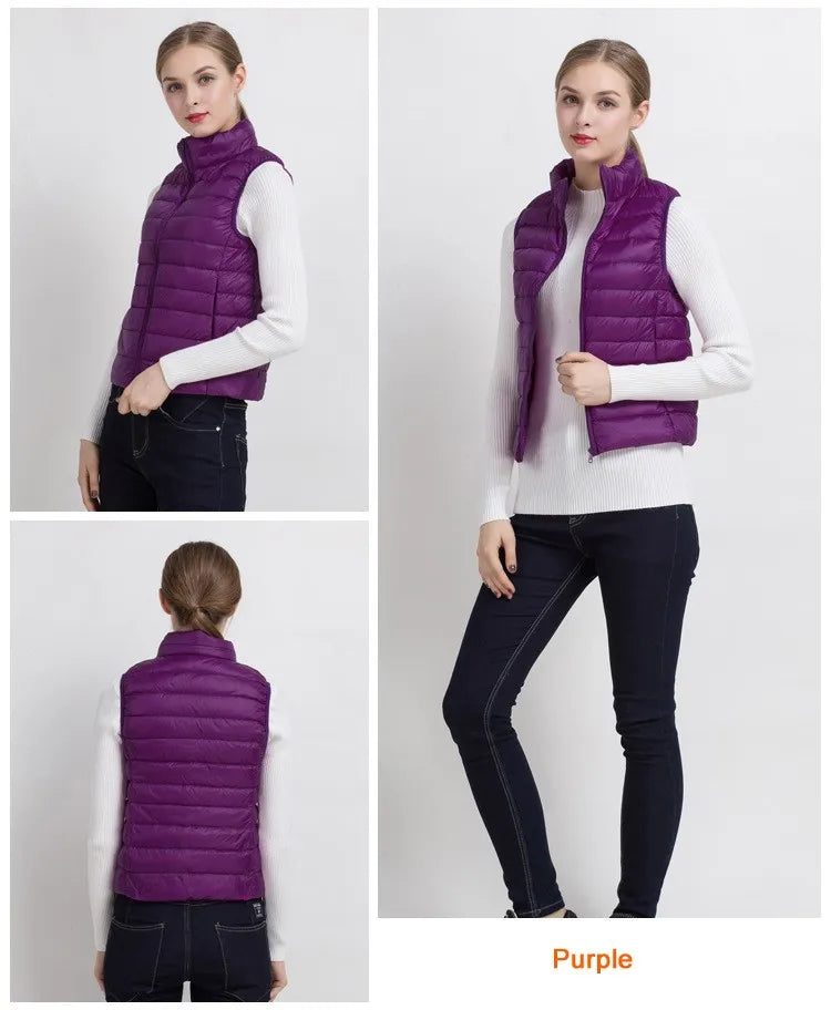 0-10 ℃   Frauen Westen Herbst Winter Ultra Licht Ente Unten Weste Weibliche Dünne Ärmellose Jacke Winddicht Warme Puffer Weste 4XL.