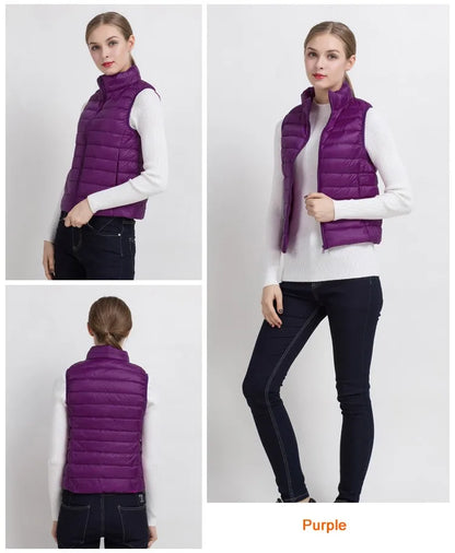 0-10 ℃   Frauen Westen Herbst Winter Ultra Licht Ente Unten Weste Weibliche Dünne Ärmellose Jacke Winddicht Warme Puffer Weste 4XL.