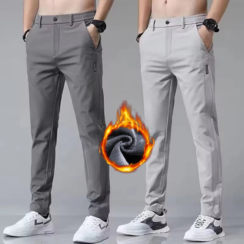 Korean Men's Warm Golf Pants Slim Straight Winter Thick Fleece Casual Pants Business Fashion Stretch Thermal Trousers Male.