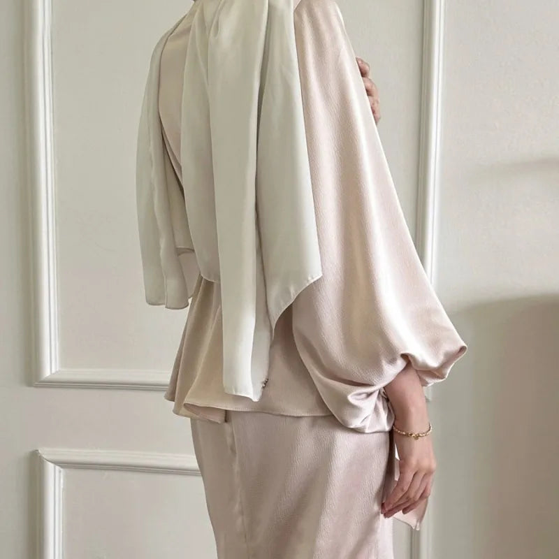 2-teiliges Saudi-Arabien muslimisches Damen-Abaya-Kleid aus Satin für Damen, Islam, Dubai, Urlaub, bescheidene Kleidung, 2024, elegante türkische Robe.
