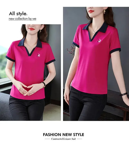 Women's Slim Fit Polo Shirt Short Sleeve T-Shirt Casual Sporty Loose Fashionable Summer Top Turn-down Collar Comfortable.