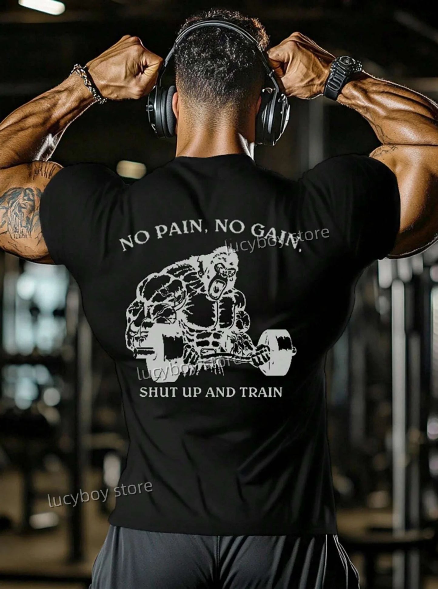 NO PAIN NO GAIN Mens Gym Muscle Training T Shirt  Sports Jogging Short Sleeve Tees Quick Drying Running  Men Oversized Clothing.