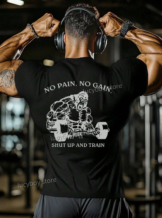 NO PAIN NO GAIN Mens Gym Muscle Training T Shirt  Sports Jogging Short Sleeve Tees Quick Drying Running  Men Oversized Clothing.