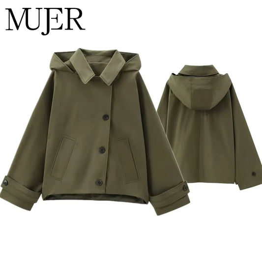 MUJER Damen-Trenchcoat mit Kapuze, langärmelig, Damen-Windjacke, neu in Mänteln und Jacken für Damen, Wintermäntel, Damen-Trench.