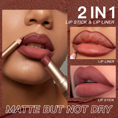 2 In 1 Lipstick Lip Liner Set 24 Hours Water Resistant Lipsticks Matte Lip Pencil Cosmetic Korean makeup Lip Gloss Tint Stain.
