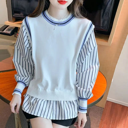 Autumn Preppy Style Patchwork O-neck Fake Two Pieces Top Tee Female Casual Striped Long Sleeve Sweatshirts Women Clothes Tshirt.