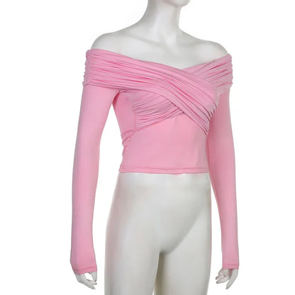 Fashion Solid Sexy Bodysuits Women Elegant Streetwear Long Sleeve Casual Slim Sheath Rompers Cross Folds T Shirts Tops.