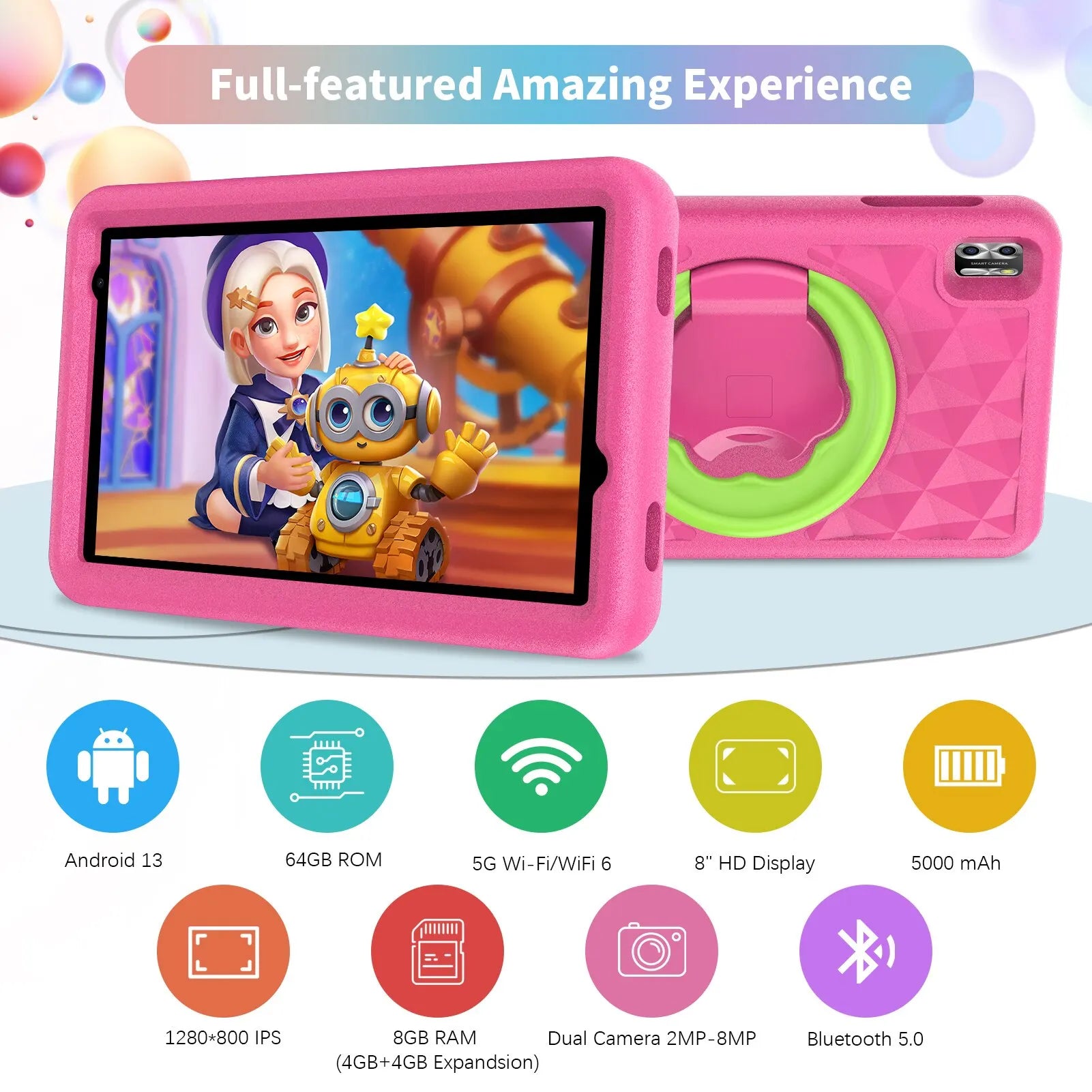 VASOUN Kids Tablet 8 Inch, Android 13 Quad Core, 8GB(4+4expand)RAM+64GB ROM, 5000mAh, Dual Camera, WiFi, Parental Control.