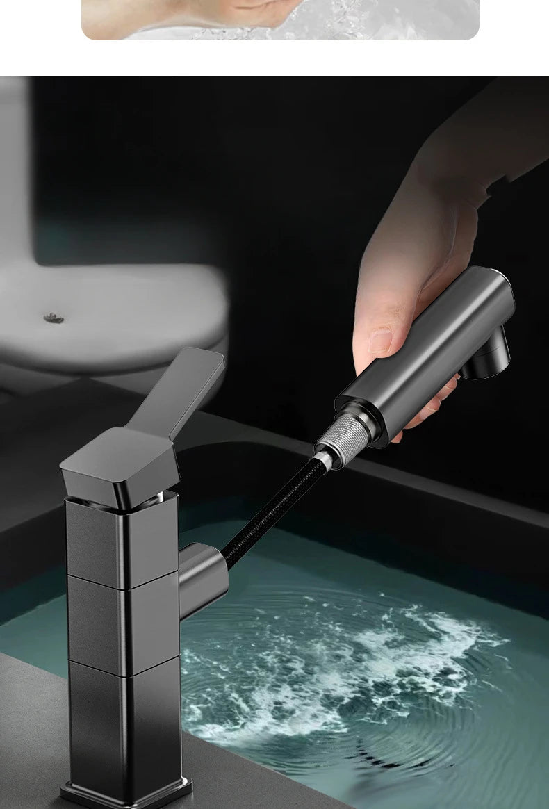 Pull Out Bathroom Faucet Hot and Cold Water Mixer Basin Sink Three Mode Water Outlet Faucet Washbasin Tap