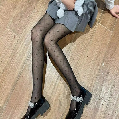 Elegant Four Leaf Jacquard Sheer Pantyhose Soft Stretchy Mesh Tights for Women.