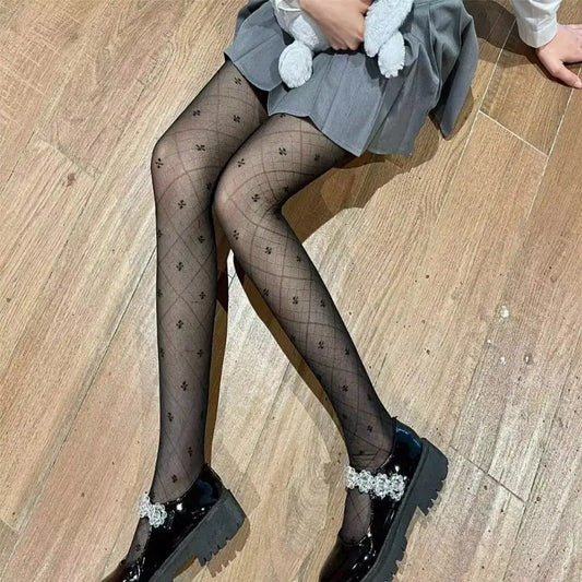 Elegant Four Leaf Jacquard Sheer Pantyhose Soft Stretchy Mesh Tights for Women.
