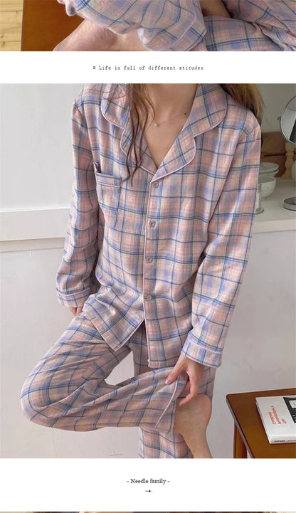 Pajamas Female Autumn and Winter Long-Sleeved Sweet Homewear Two-Piece Tide Cardigan Lapel Plaid Homewear 1.