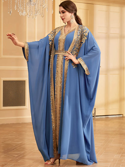 Ramadan Sequins Dubai Abayas Arab Tunics Batwing Sleeve Dresses For Women Gala Two pieces Moroccan Elegant Kebaya.