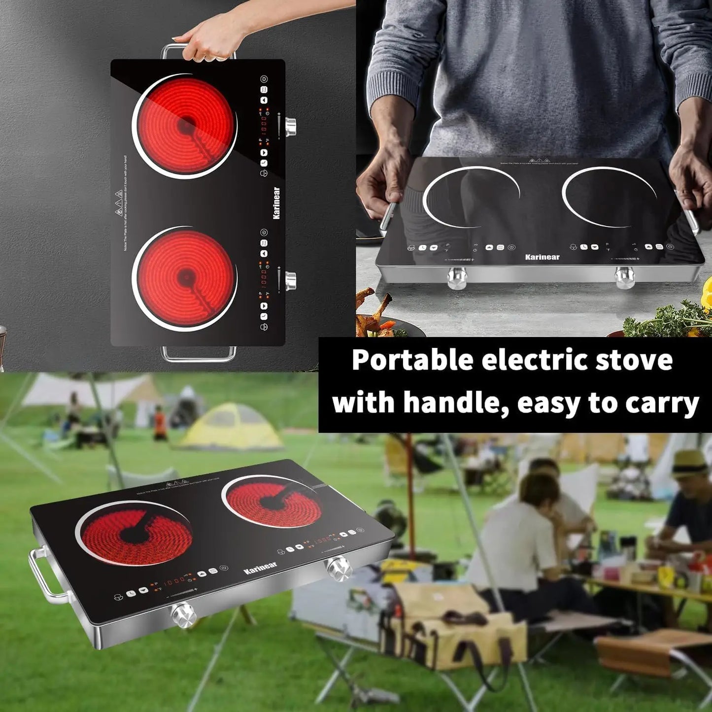 Karinear Ceramic Hob 2 Zones, 3200W Plug in Electric Hob with Safety Lock, Knobs&Touch Control, 56cm Coutertop Freestanding 240V.