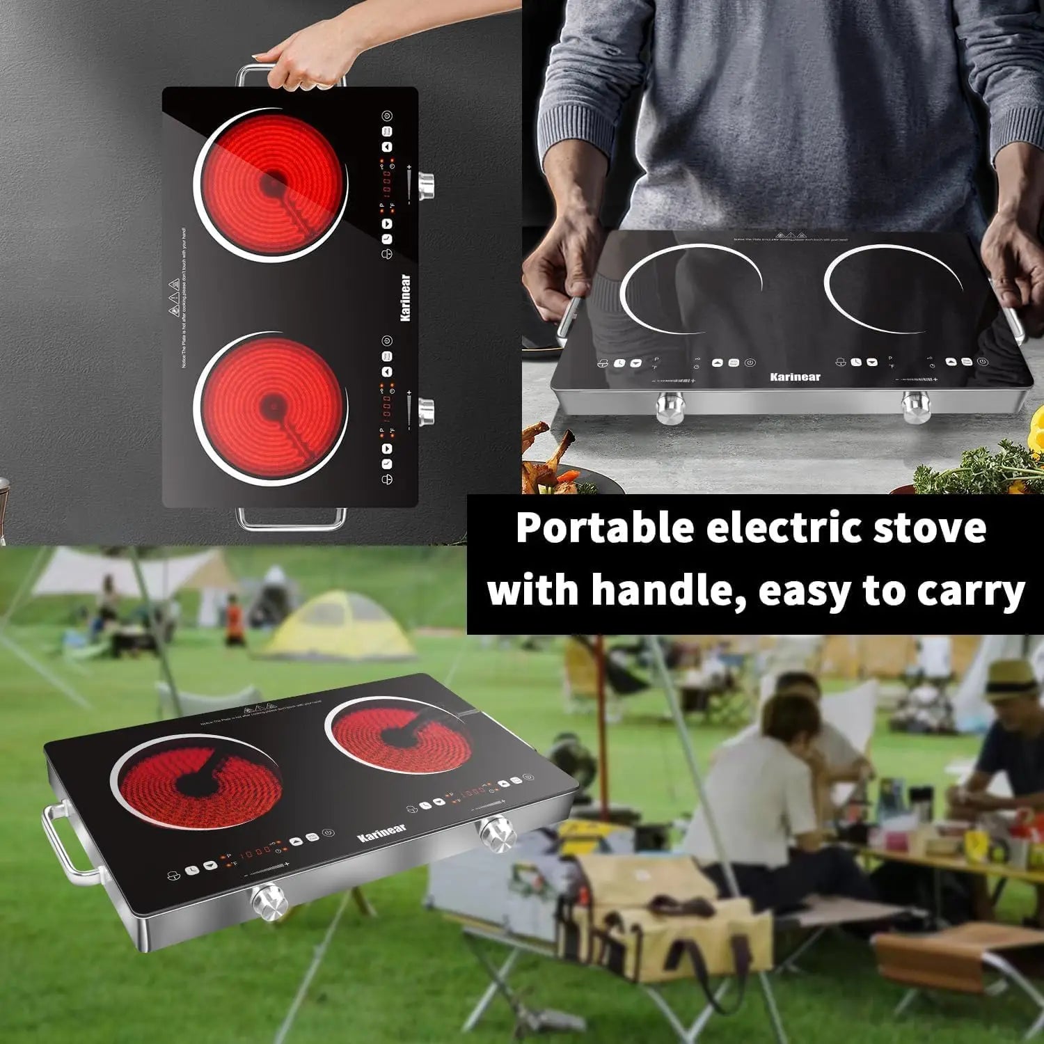 Karinear Ceramic Hob 2 Zones, 3200W Plug in Electric Hob with Safety Lock, Knobs&Touch Control, 56cm Coutertop Freestanding 240V.